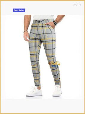 Men's Slim Fit Stretch Chino Pants Plaid Pattern Casual Wear